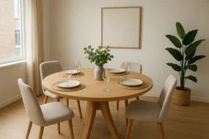Een ronde houten eettafel voor vier personen met neutrale borden, wijnglazen en een vaas met groene bladeren - perfect als je benieuwd bent: Welke maat ronde eettafel voor 4 personen? Vier beige stoelen maken het gezellige tafereel compleet terwijl het zonlicht door het raam naar binnen stroomt.