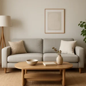 Een moderne woonkamer met een lichtgrijze bank, twee beige kussens en een houten salontafel-perfect voor wie zich afvraagt welke salontafel bij bank past-gestyled met een vaas, schaal, boeken, abstracte kunst, staande lamp en een groene plant in de hoek.