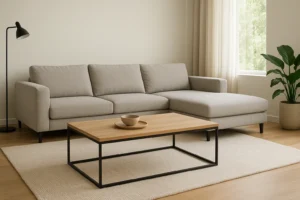 Een moderne woonkamer met een lichtgrijze sofa, houten salontafel - perfect als je je afvraagt "Welke salontafel past bij een hoekbank"-beige vloerkleed, staande lamp, plant in potten en een groot raam met transparante gordijnen die natuurlijk licht binnenlaten.