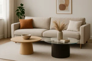 Een moderne woonkamer met een beige bank, twee kussens, een plant in potten en twee salontafels - die laten zien welke salontafels trendy zijn: een houten met een schaal, een glazen met boeken en een vaas met gedroogd gras - plus abstracte kunst aan de muur.