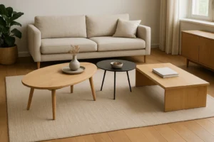 Een moderne woonkamer met een beige bank en drie salontafels, die laten zien welke soorten salontafels er zijn: een houten ovale, zwarte ronde en houten rechthoekige tafel - alles op een neutraal vloerkleed met zonlicht dat door lichte gordijnen naar binnen schijnt.