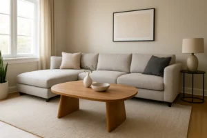 Een moderne woonkamer met een lichtgrijze sectionele bank en een houten salontafel - perfect voor wie zich afvraagt: "Welke vorm salontafel bij hoekbank?". Inclusief decoratieve schalen, een vaas, minimalistische kunstwerken, een vloerkleed, een potplant en een groot raam.