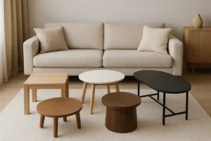 Een moderne woonkamer met een beige bank, twee bijpassende kussens en vijf verschillende salontafels - perfecte inspiratie als je je afvraagt: welke vorm salontafel kies je voor jouw ruimte - gerangschikt op een licht vloerkleed met een houten dressoir en vaas op de achtergrond.