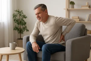 Een man van middelbare leeftijd zit op een grijze leunstoel, leunt voorover en heeft pijn in zijn onderrug. Voor hem staat een tafeltje met een mok, wat het verschil benadrukt tussen een salontafel en een bijzettafel in deze gezellige huiskamersetting.