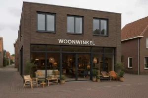 Woonwinkel met meubels uitgestald voor de etalage. "WOONWINKEL" staat boven de ingang.