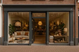 Winkelpui met meubels en lampen, mogelijk gerelateerd aan rugpijn en stoelkeuze.