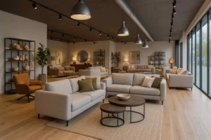 Interieur van een meubelwinkel met diverse banken en stoelen. Is een harde of zachte stoel beter tegen rugpijn?