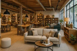 Interieur van een meubelwinkel met houten meubels, banken en decoratie. Is een harde of zachte stoel beter tegen rugpijn?