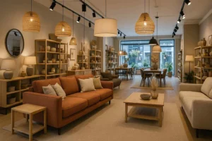 Stijlvolle woonkamer met meubels en decoratie. Is een harde of zachte stoel beter tegen rugpijn?