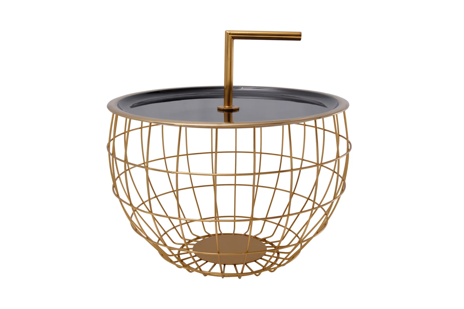 De Bijzettafel Zwart 13 CM Rond Ijzer is een moderne bijzettafel met een onderstel van goudkleurig metaaldraad, een rond zwart tafelblad, een bevestigd goudkleurig handvat en een handig opbergvak (opbergvak).