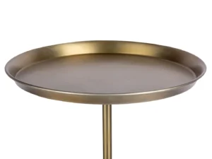 De Bijzettafel Zwart, Roest Rond Aluminium is een rond, ondiep messing dienblad met een opstaande rand, ondersteund door een enkele verticale paal, afgebeeld tegen een effen witte achtergrond.