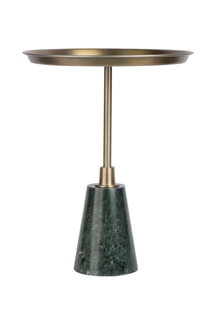 De Bijzettafel Zwart heeft een rond roestkleurig aluminium blad en een zwart onderstel in een modern ontwerp.