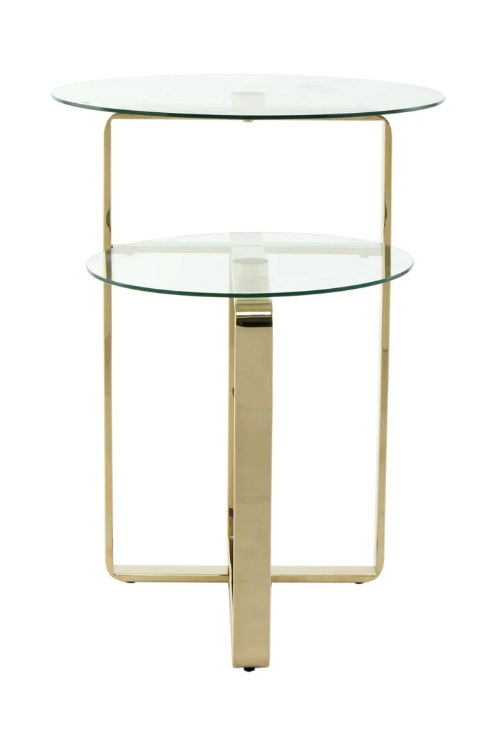 De Bijzettafel Goud Staal Design heeft twee ronde glazen bladen op verspringende hoogtes, ondersteund door slanke kruisende goudstalen poten, tegen een effen witte achtergrond.
