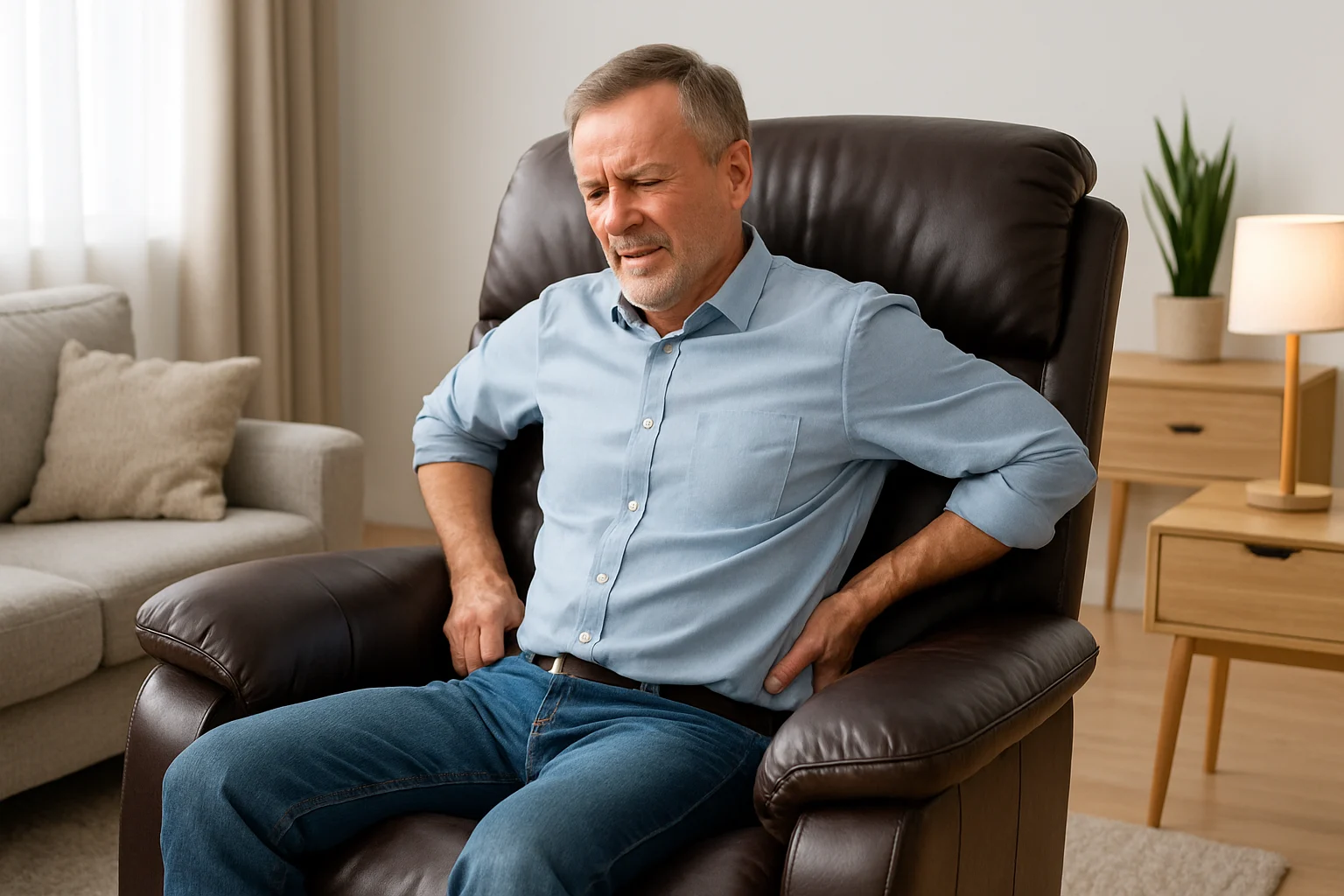 Een man van middelbare leeftijd zit in een fauteuil, terwijl hij zijn onderrug vasthoudt en pijn lijdt. In de gezellige, goed verlichte woonkamer met planten en houten meubels, benadrukken een salontafel en een bijzettafel wat het verschil is tussen een salontafel en een bijzettafel.