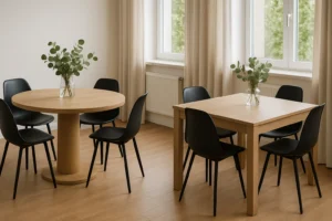 Twee minimalistische tafels, een ronde en een vierkante, elk omringd door zwarte stoelen met een glazen vaas met groene bladeren in het midden - perfect om over na te denken: zijn ronde of vierkante tafels beter? Houten vloeren, lichte gordijnen en grote ramen maken de lichte ruimte compleet.