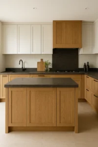 Strakke keuken met houten accenten en een donker werkblad. De bovenkasten zijn wit, wat contrasteert met de warme houttinten eronder. Stijlvol design.