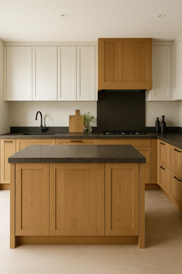 Strakke keuken met houten accenten en een donker werkblad. De bovenkasten zijn wit, wat contrasteert met de warme houttinten eronder. Stijlvol design.