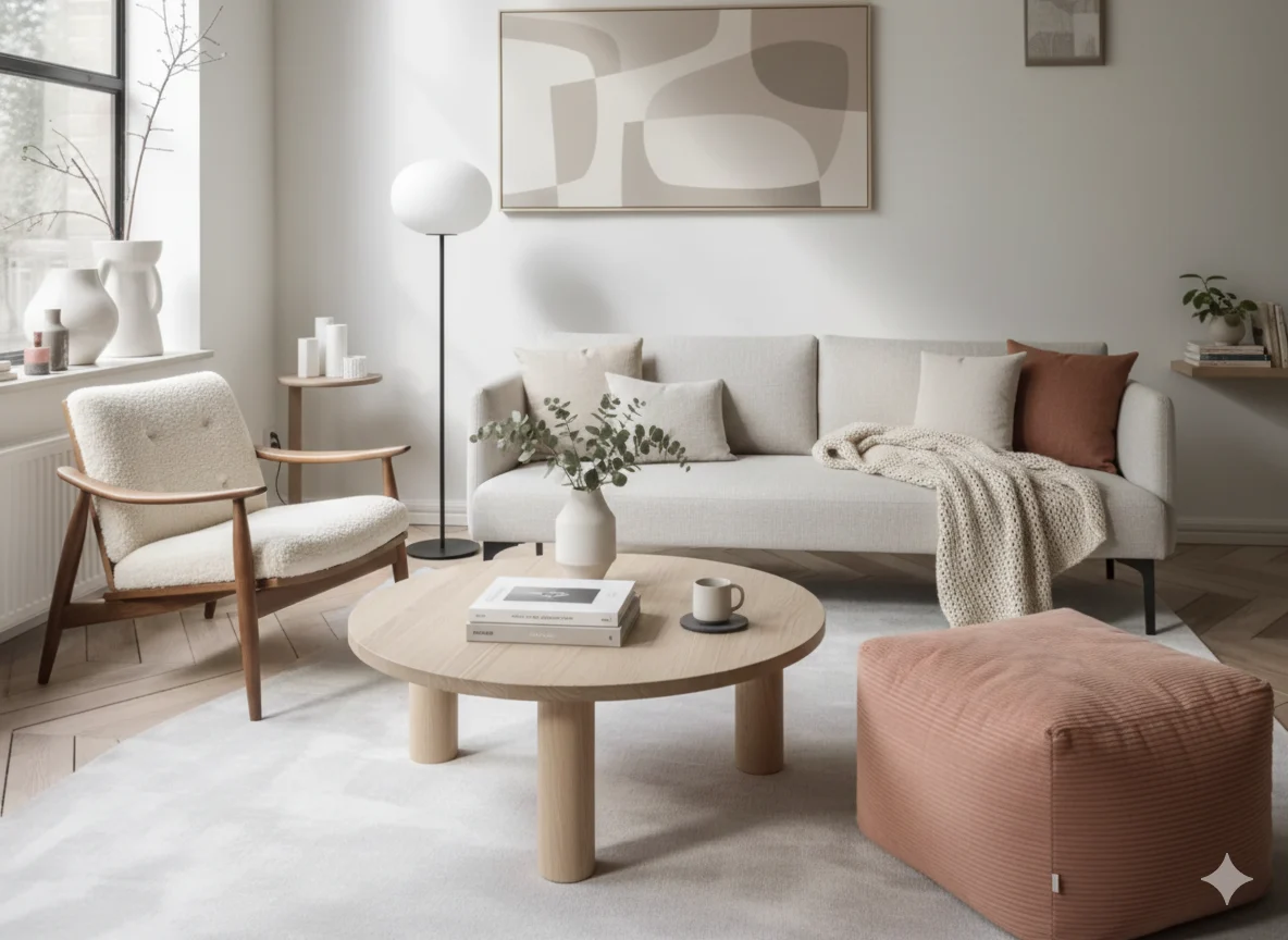 Lichte woonkamer met een beige bank, ronde houten tafel en een zachte fauteuil. De woonstijlen zijn minimalistisch, met zachte kleuren.