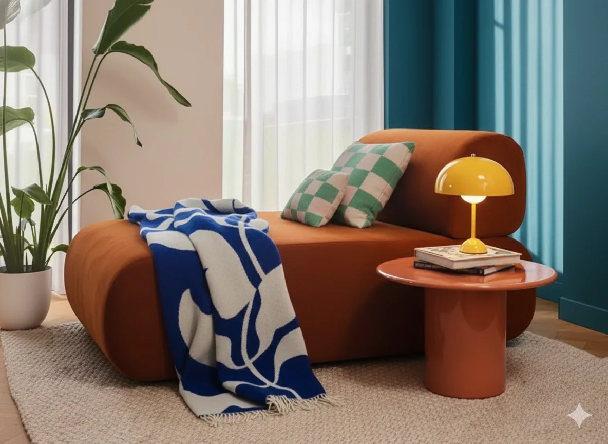Woonstijlen: Oranje chaise longue met blauw deken en groene kussens. Gele lamp op oranje tafel. Lichte vloer en gordijnen. Blauwe muur.