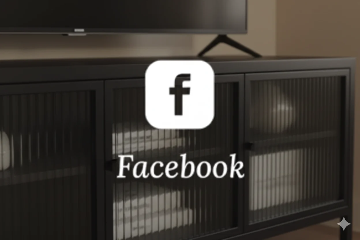 Zwarte eetkamer kast met geribbeld glas, subtiele belichting. Modern design meubel met Facebook logo, ideaal voor een stijlvolle inrichting.