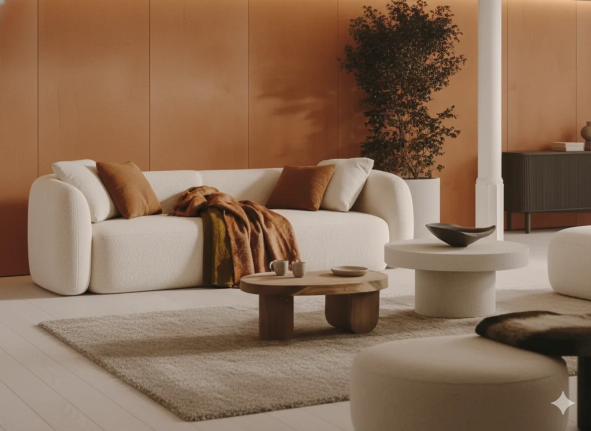 Woonstijlen: Zachte, witte bank met bruine kussens en plaid. Houten tafels en een zacht kleed op een lichte vloer. Warme kleuren en natuurlijk licht.