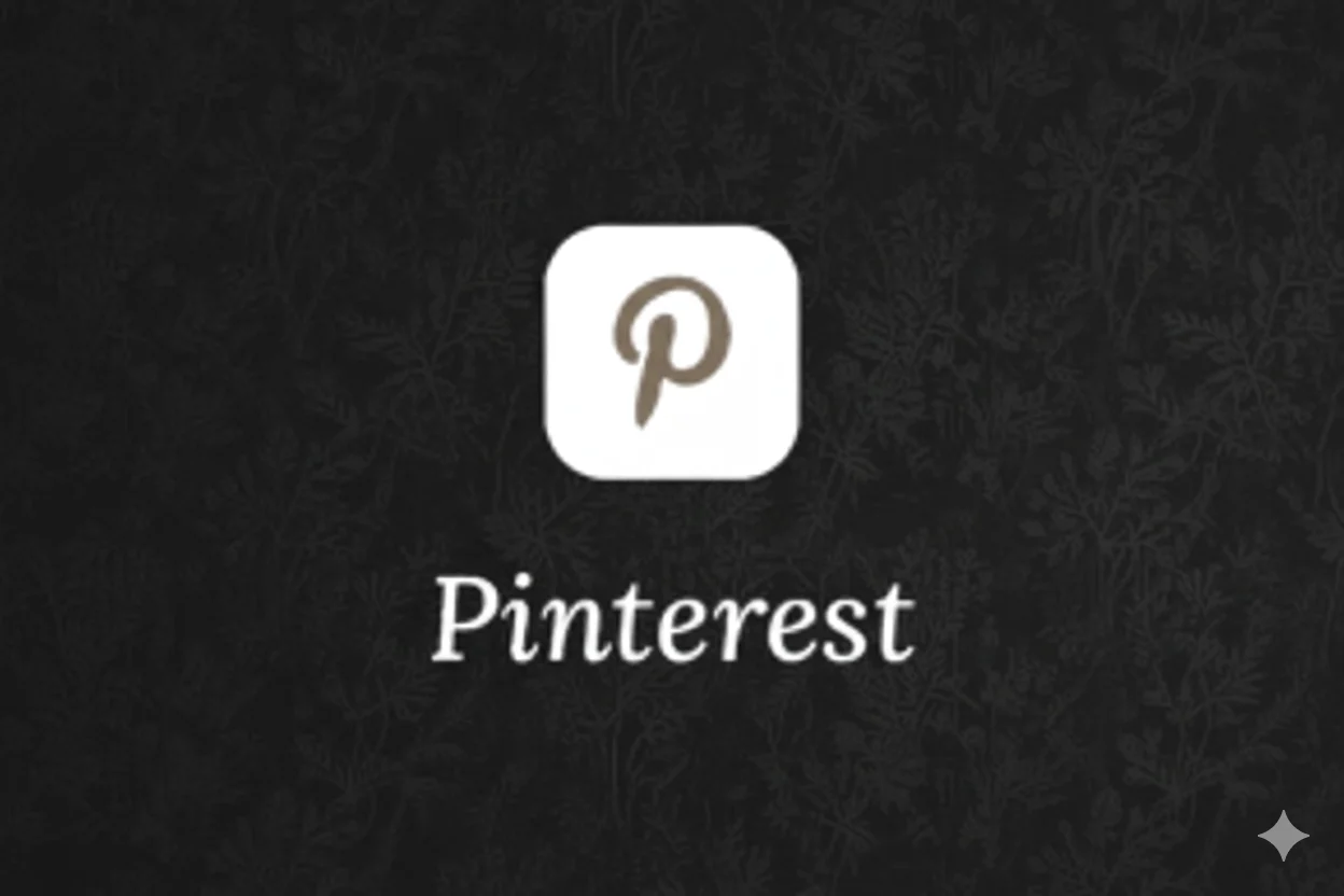 Pinterest logo op een donkere achtergrond met subtiele bloempatronen. Het logo is wit met een bruine 'P'.