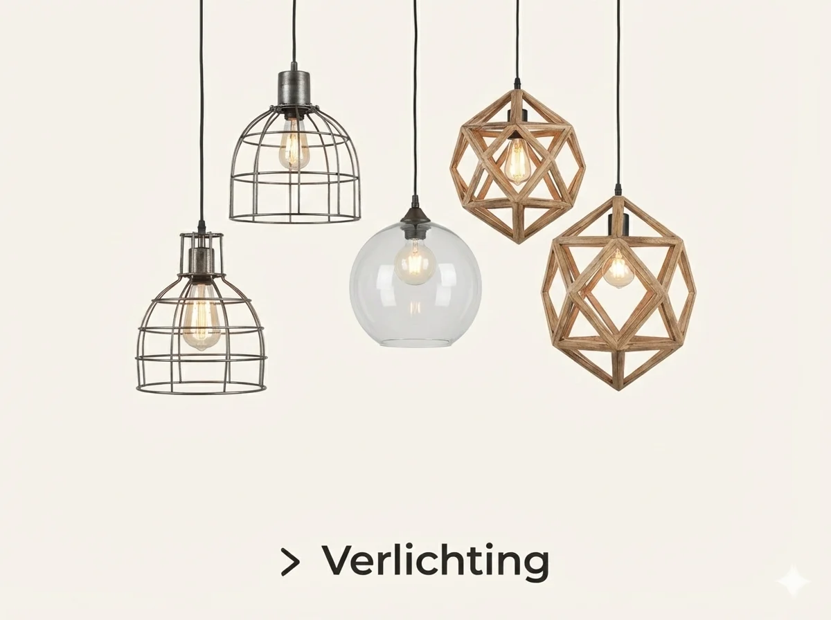 Vijf hanglampen in diverse stijlen. Metalen kooien, een glazen bol en houten geometrische vormen. Sfeervolle eetkamer verlichting.