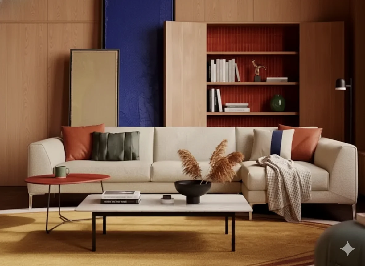 Woonstijlen inspiratie: Beige hoekbank met kussens in oranje en groen. Houten wandpanelen en een boekenkast in warme kleuren op de achtergrond.