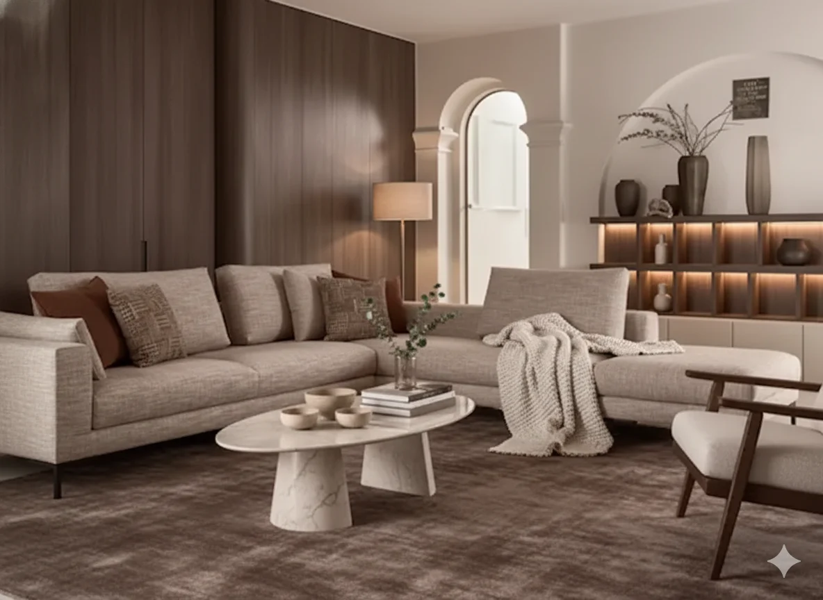 Lichte woonkamer in zachte kleuren met een hoekbank, marmeren salontafel en houten accenten. De stijl is modern en minimalistisch.