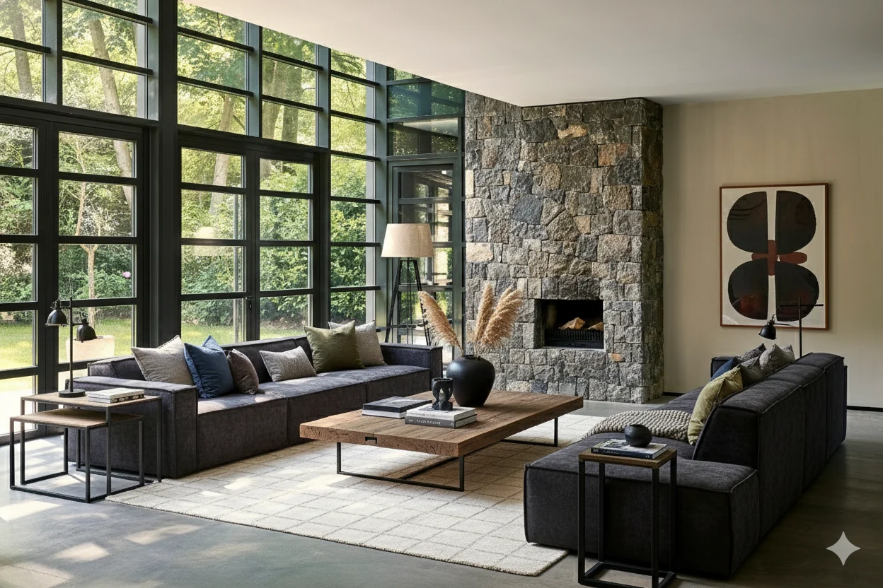 Ruime woonkamer met stenen muur en grote ramen. Grijze banken en houten tafel op een wit vloerkleed. Natuurlijke materialen en neutrale kleuren.