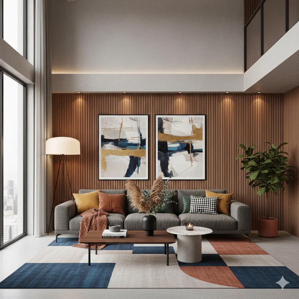 Strakke woonkamer met grijze bank, houten wandpanelen, abstracte kunst en een geometrisch vloerkleed. Natuurlijke verlichting.