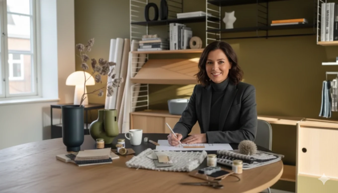 Vrouw aan tafel met stalen voor woonstijlen. Houten tafel, groene muur, zacht licht. Stalenboeken en potloden. Interieurontwerp.