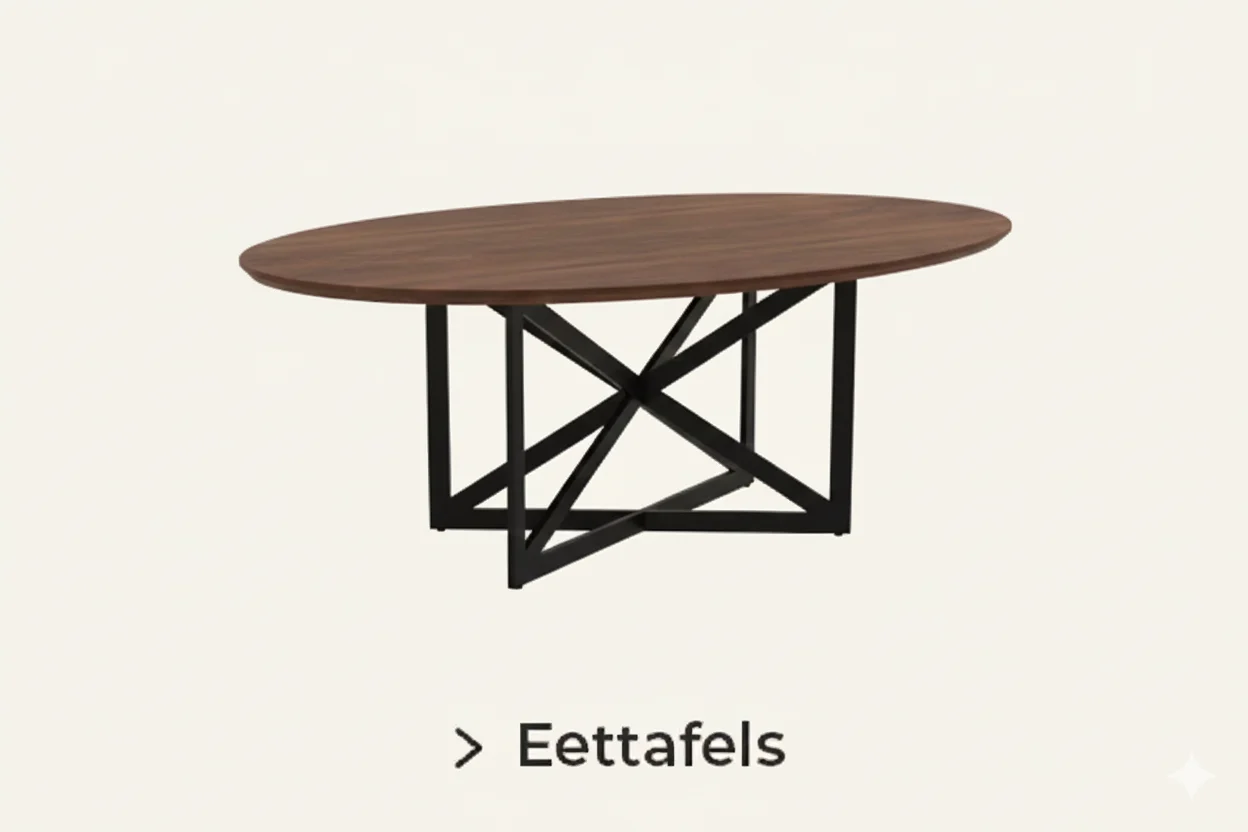 Houten ovale eettafel met een zwart metalen onderstel. Het blad is bruin en het onderstel heeft een kruis ontwerp. Neutrale achtergrond.