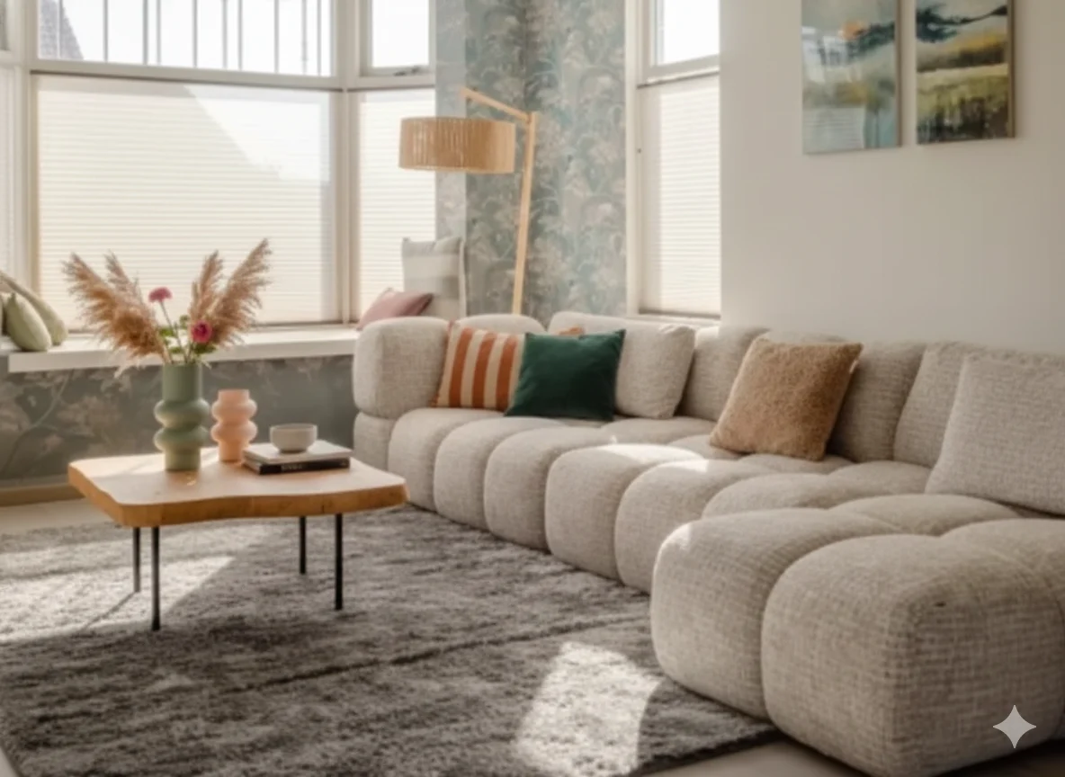 Lichte woonkamer met modulaire bank en houten tafel. Zachte belichting, grijze vloerkleed. Stijlvol interieur met kussens en decoraties.