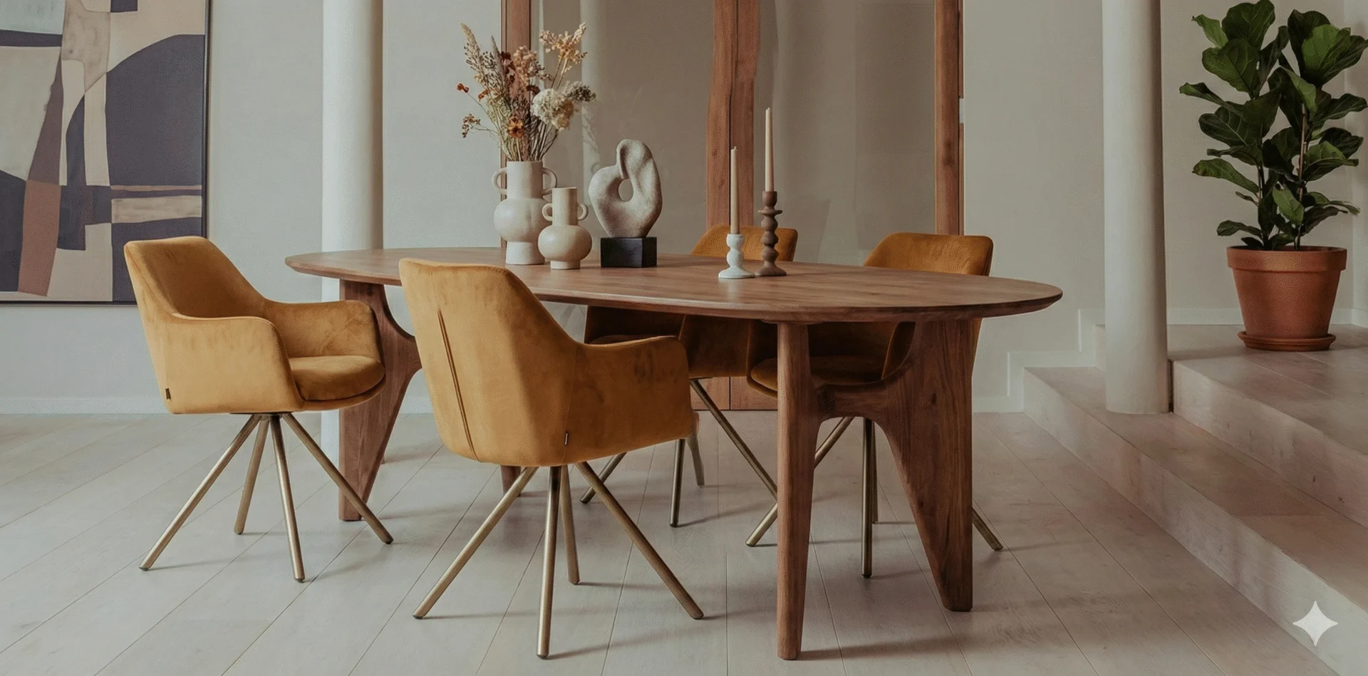 Eetkamer met ovale houten tafel en mosterdgele stoelen. Vazen en kaarsen op tafel. Zachte belichting, rustige kleuren en een huiselijke sfeer.