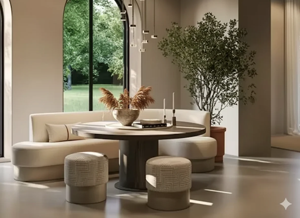 Lichte woonstijl: ronde tafel met krukjes en bank. Zachte kleuren, natuurlijk licht door het raam. Planten en pampasgras als decoratie.