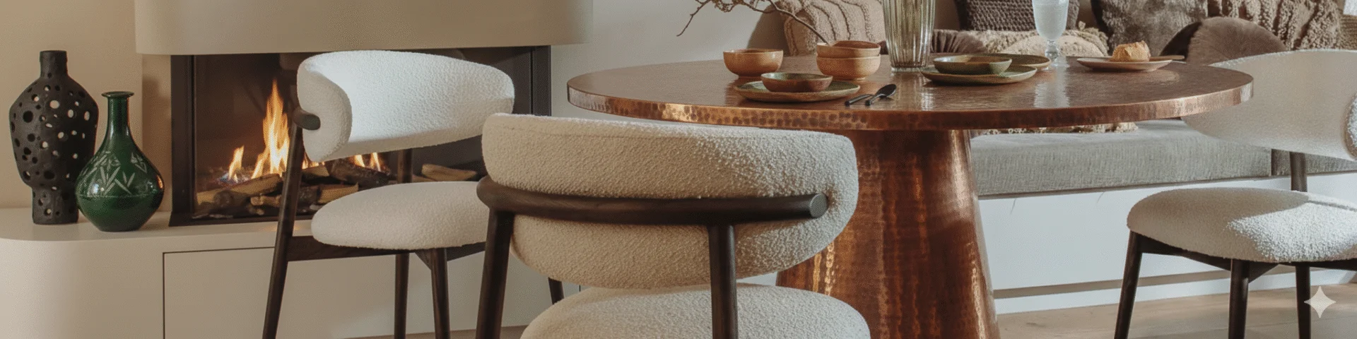 Eetkamer scène: ronde koperen tafel met wit gestoffeerde stoelen. Open haard en decoratieve vazen op de achtergrond. Zachte, natuurlijke belichting.