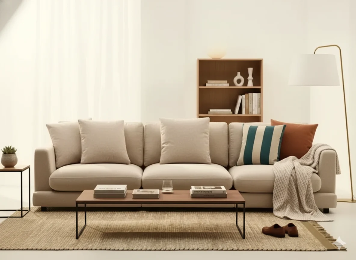 Beige bank met kussens, houten kast, en lamp in lichte woonstijl. Zachte kleuren en natuurlijk licht. Houten vloer en minimalistische tafel.