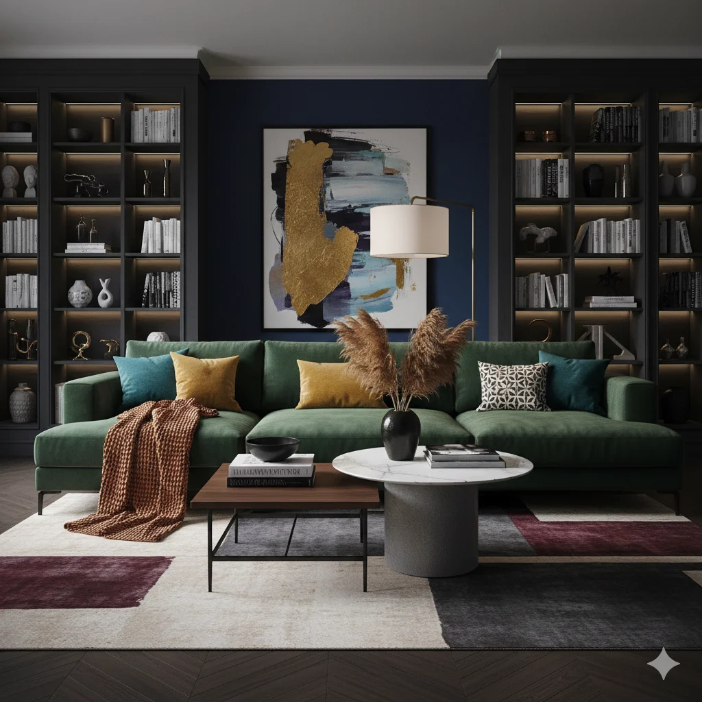 Stijlvolle woonkamer met groene bank, houten en marmeren tafels, en een abstract schilderij. De kamer heeft ingebouwde boekenkasten met warme verlichting.