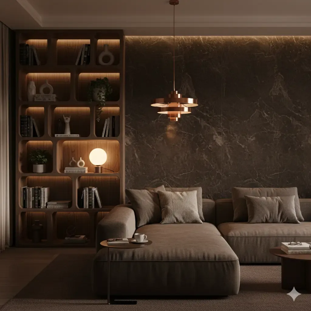 Strak interieur met bruine marmeren wand, een houten boekenkast met verlichting, en een grote hoekbank. Warme, gedempte kleuren. Woontrends.