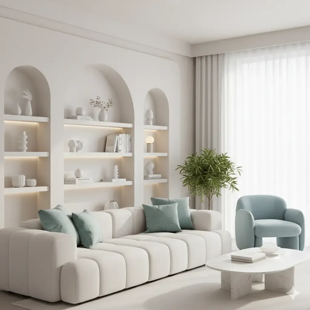 Lichte woonkamer met witte bank en blauwe accenten. Ingebouwde nissen met verlichting en decoratie. Minimalistisch, modern en helder.