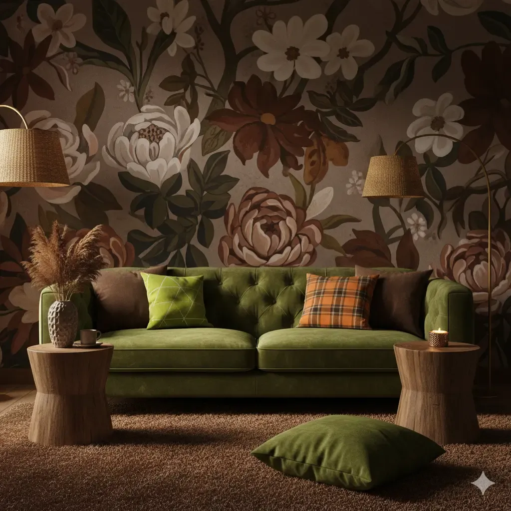 Groene bank met kussens, houten tafels en bloemenbehang in een kamer met zacht licht. Een voorbeeld van woontrends in interieur.