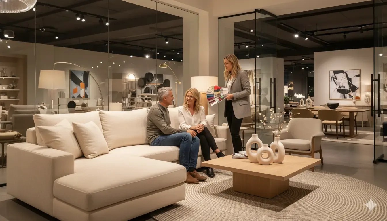 Een lichte hoekbank met een houten tafel in een showroom. Een verkoopster toont kleurstalen aan een stel. Zachte, natuurlijke kleuren en heldere verlichting.