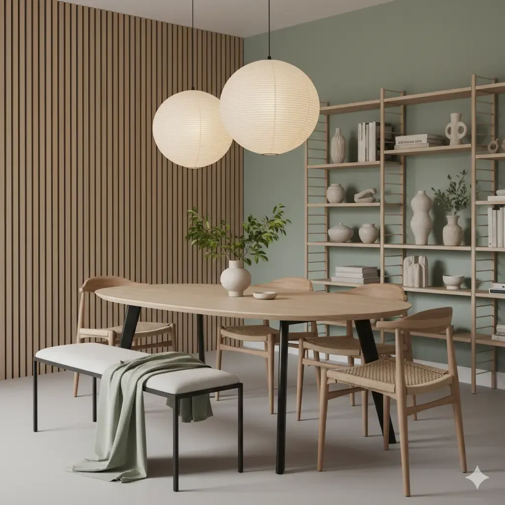 Lichte houten eettafel met stoelen en bank, ronde lampen, houten wandpanelen, en een open kast tegen een zacht groene muur. Woontrends.
