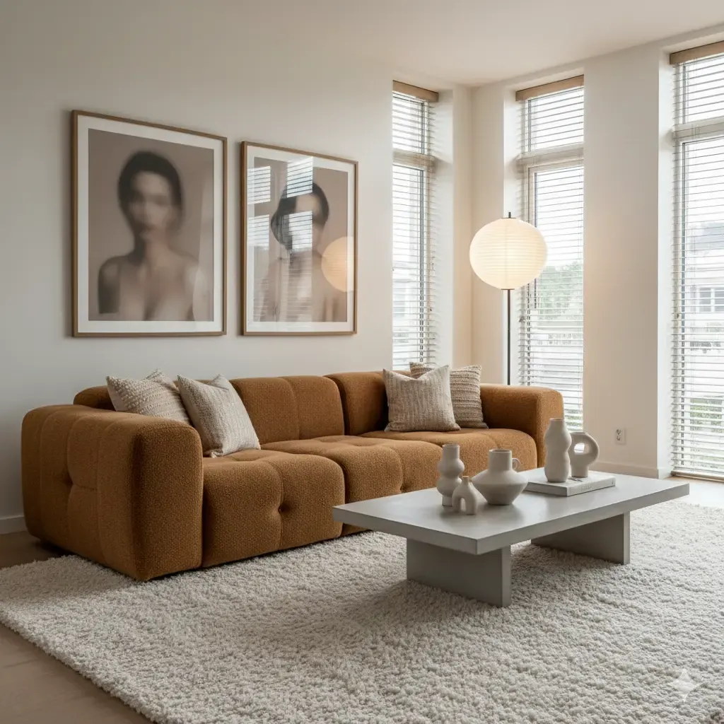 Woonkamer met mosterdkleurige modulaire bank, zachte vloerkleed en minimalistische grijze tafel. Veel natuurlijk licht door de jaloezieën.