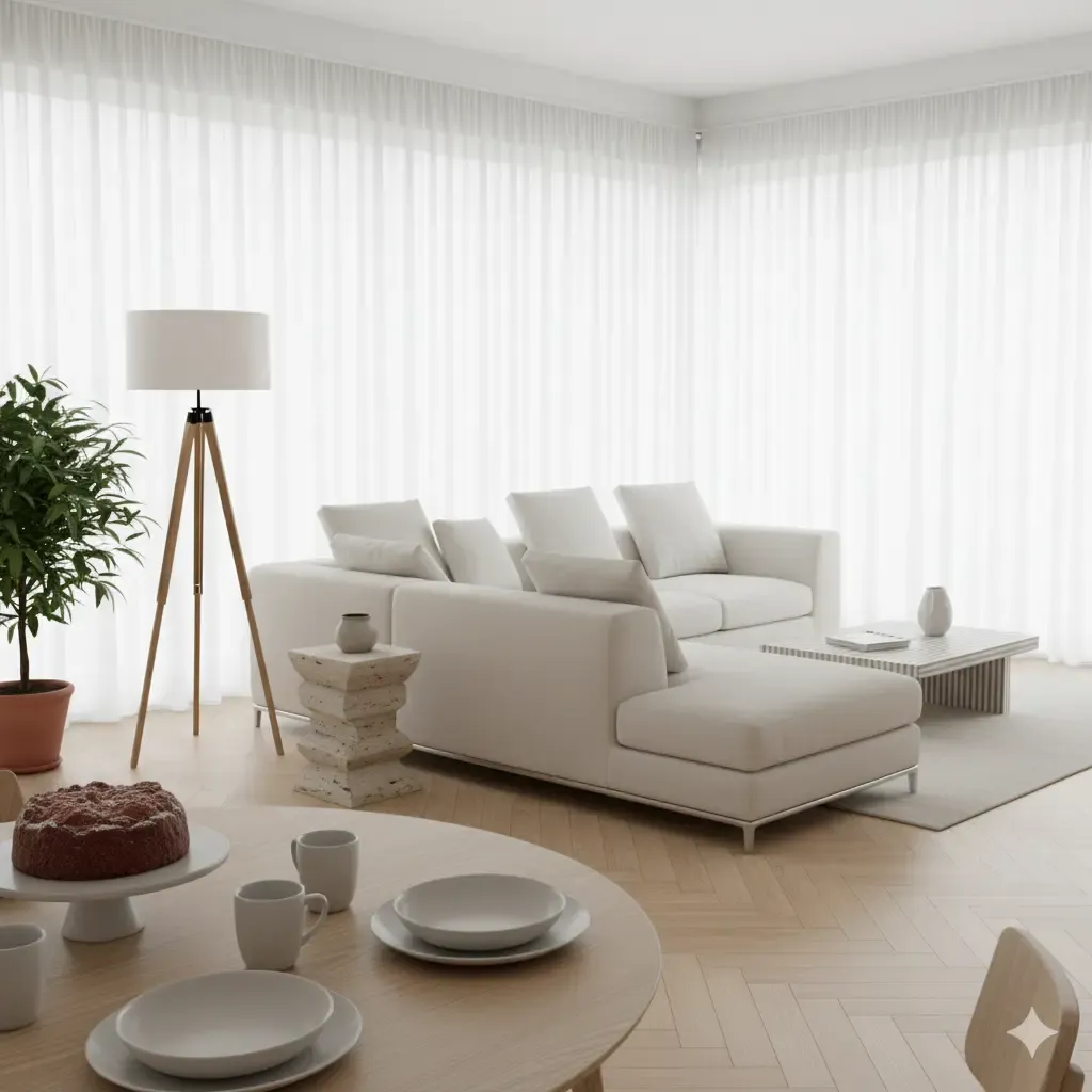 Lichte woonkamer met houten vloer en witte gordijnen. Een bank, tafel en lamp in zachte kleuren. Modern woontrends interieur met daglicht.