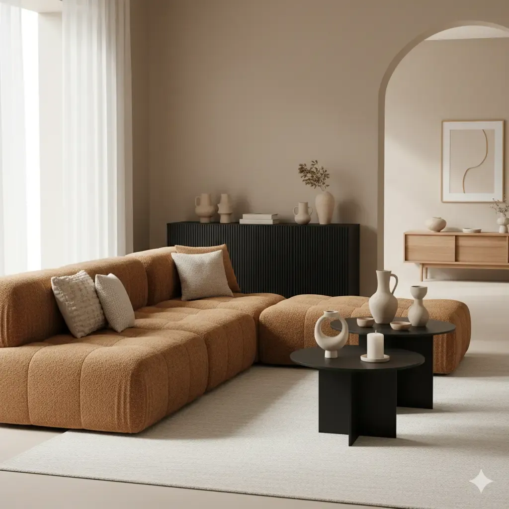 Woonkamer met modulaire bank in zachte, bruine stof. Zwarte tafels, lichte muren en een open doorgang. Neutrale kleurenpalet.
