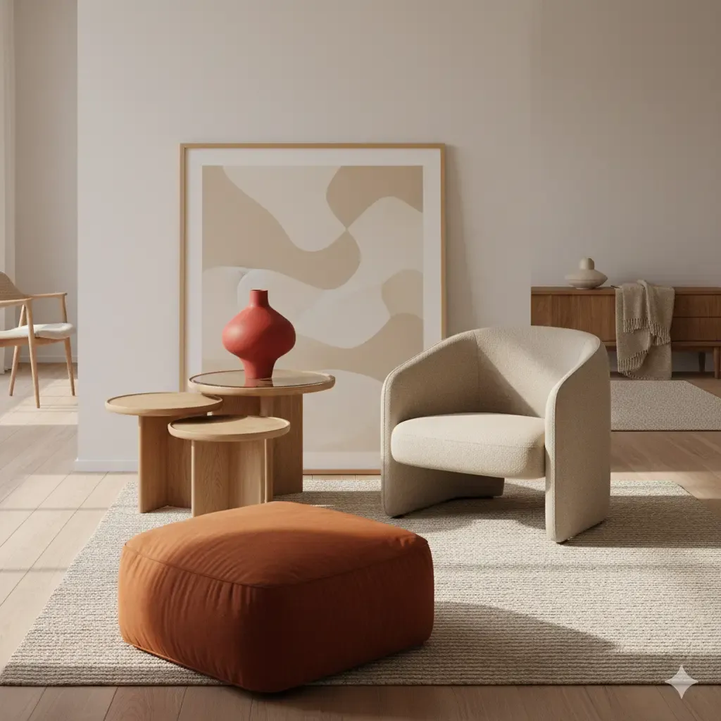 Lichte woonkamer met zachte kleuren, een beige fauteuil, een oranje poef en een houten tafeltje met een rode vaas. Minimalistisch.