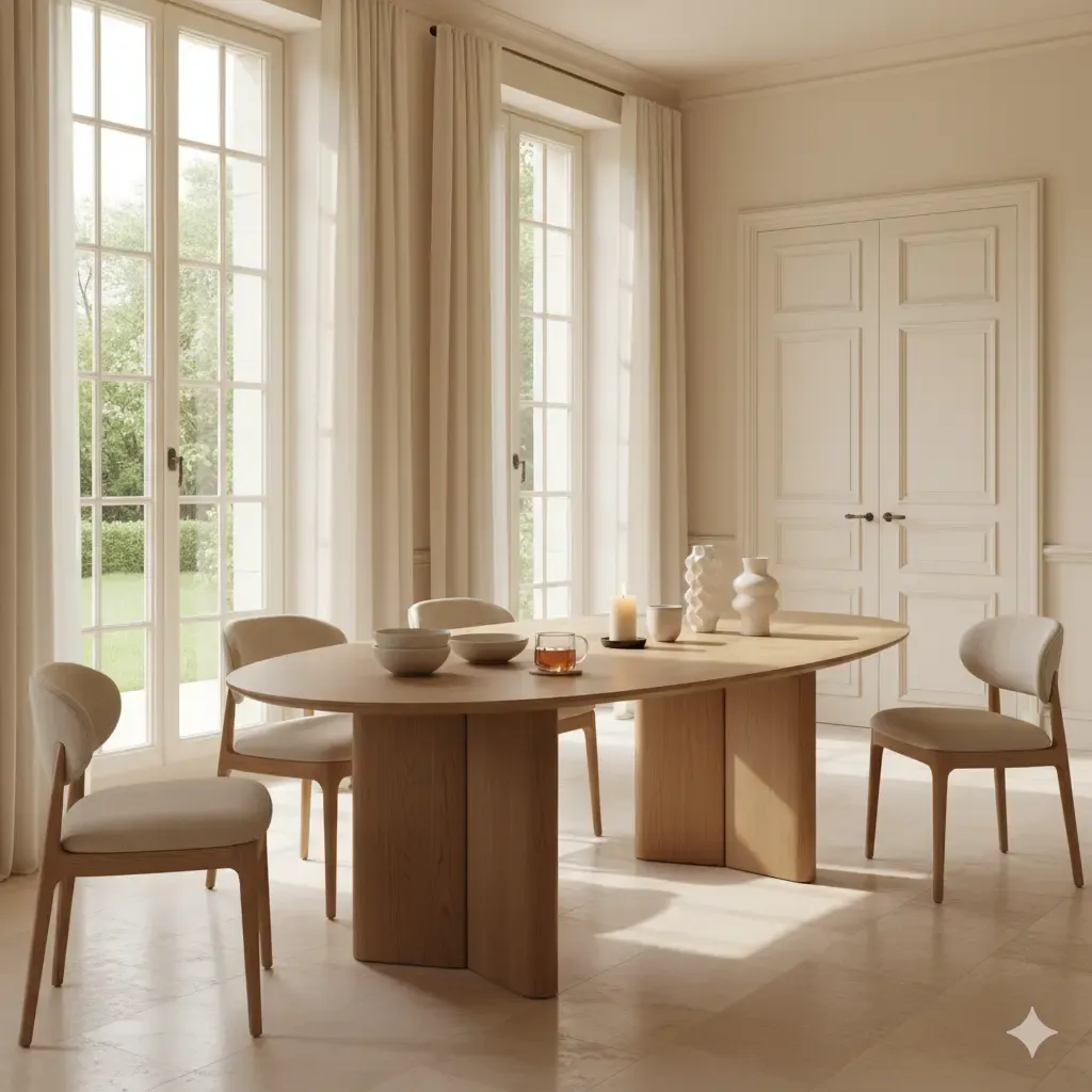 Lichte houten eettafel met stoelen in een kamer met grote ramen en gordijnen. Zachte, natuurlijke tinten en een minimalistische woontrend.