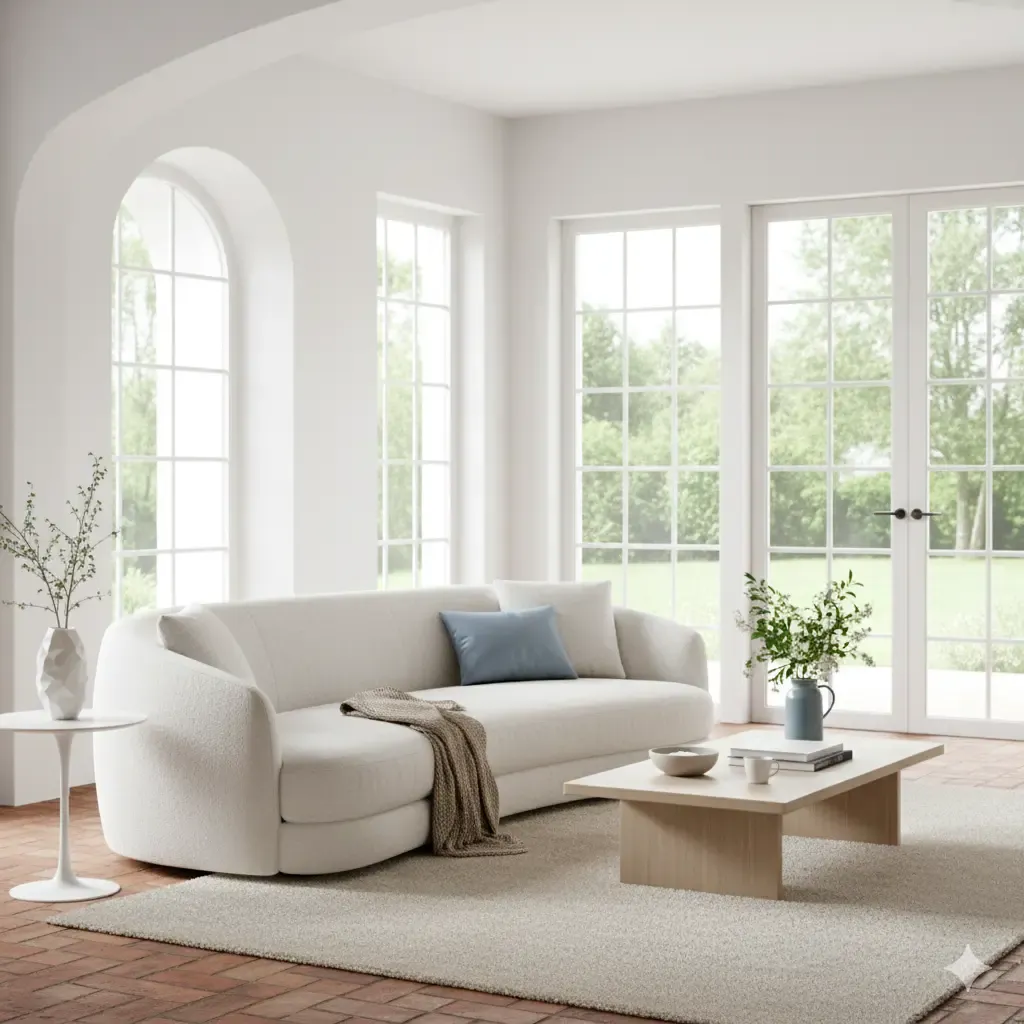 Lichte woonkamer met witte muren, grote ramen en een crèmekleurige bank. Een houten tafel en zacht tapijt maken de woontrends compleet.